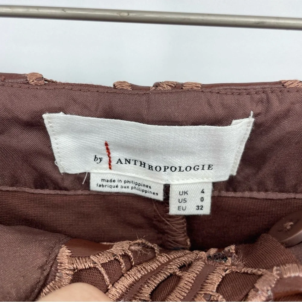 NWT By Anthropologie Floral Faux Leather Shorts Sz 0 cocoa‎ brown embroidered